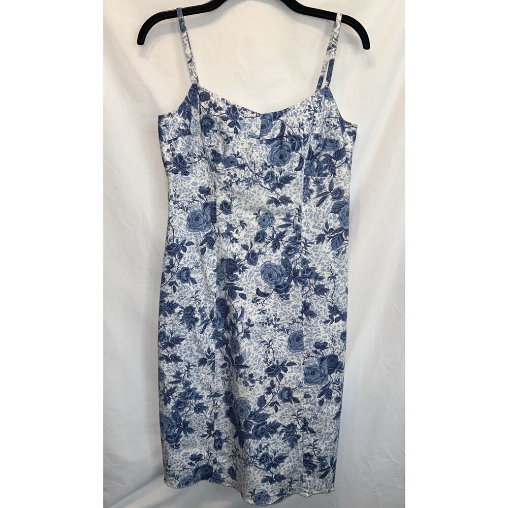 Ann Taylor Loft Sz 8 Babydoll Sheath Dress Blue & White Floral Rose Print Party